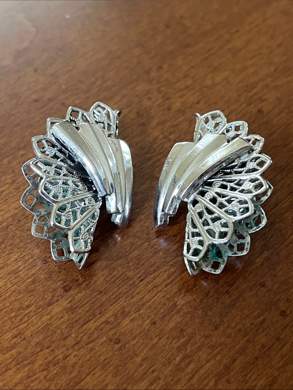 Silver-Tone Filigree Fan Clip-On Earrings